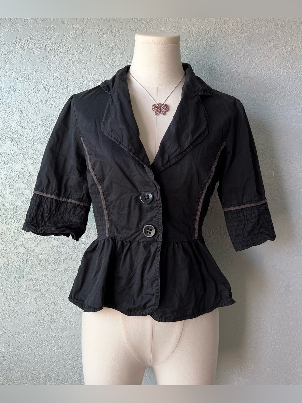 Y2K Black Peplum Blouse Button Front Cottagecore Boho Short Sleeve Top Size 8